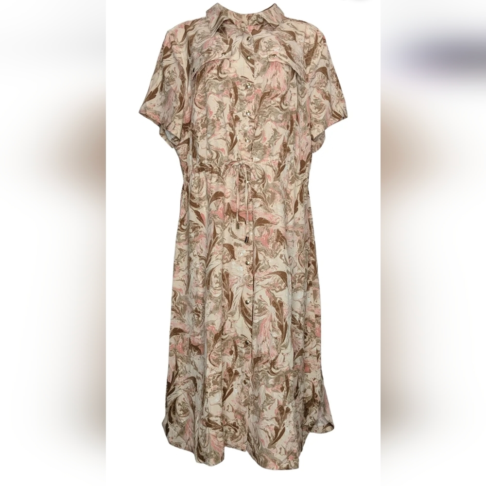 New Isaac Misrahi Woven Utility Retro Shirt Dress 1X 18W Tan Pink Cream Print